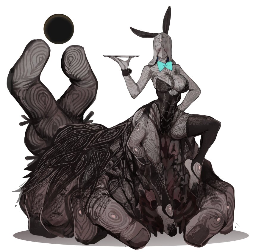 1girl, absurdres, bow, bowtie, breasts, cleavage, elden_ring, elden_ring:_shadow_of_the_erdtree, extra_digits, extra_legs, hair_over_eyes, hand_on_own_hip, highres, metyr_mother_of_fingers, monster_girl, personification, playboy_bunny, solo, thighhighs, tomatolover16, tray