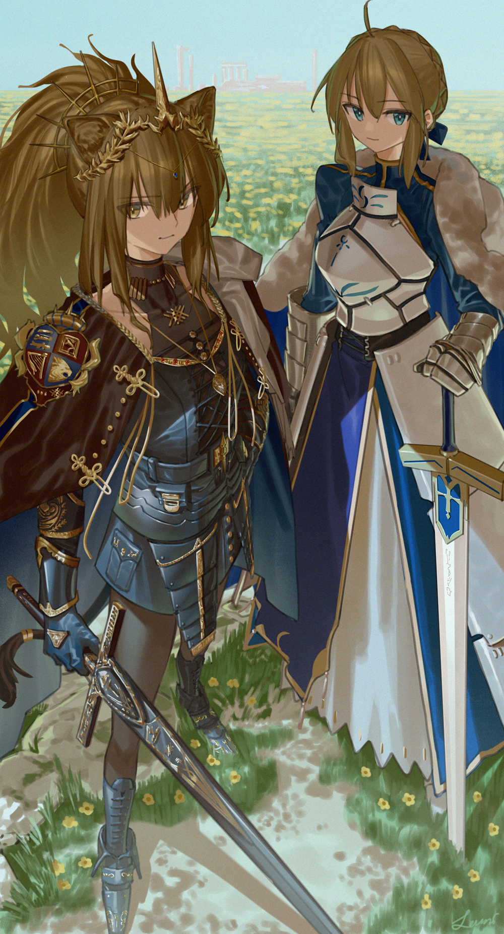 2girls, ahoge, animal_ears, aqua_eyes, arknights, armor, armored_dress, artoria_pendragon_(fate)