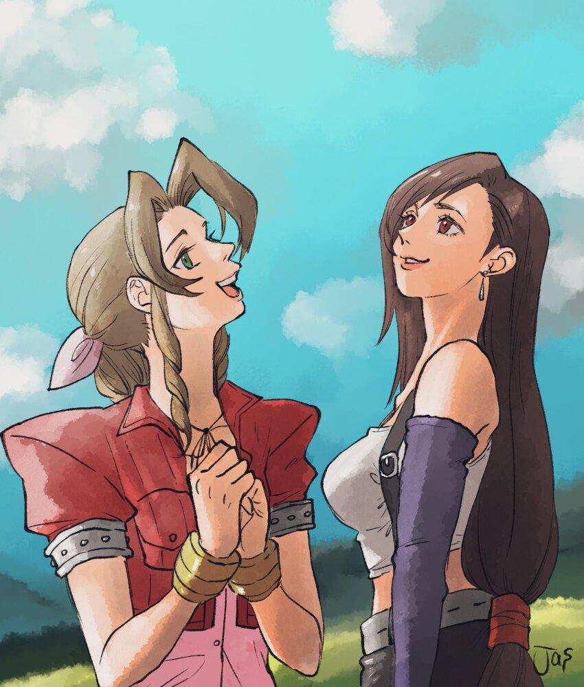 2girls, aerith_gainsborough, animal_ears, artist_name, bangle, bare_shoulders, belt, black_gloves, black_skirt, blue_sky, bracelet, braid, braided_ponytail, breasts, brown_eyes, brown_hair, choker, crop_top, cropped_jacket, dress, earrings, elbow_gloves, final_fantasy, final_fantasy_vii, gloves, green_eyes, grey_belt, hair_ribbon, hair_tie, highres, jacket, jas_(jasjasjasart), jewelry, long_hair, low-tied_long_hair, medium_breasts, midriff, multiple_girls, open_mouth, own_hands_together, parted_bangs, parted_lips, pink_dress, pink_ribbon, puffy_short_sleeves, puffy_sleeves, red_jacket, ribbon, ribbon_choker, shirt, short_sleeves, sidelocks, single_braid, skirt, sky, sleeveless, sleeveless_turtleneck, smile, suspenders, tifa_lockhart, turtleneck, upper_body, white_shirt