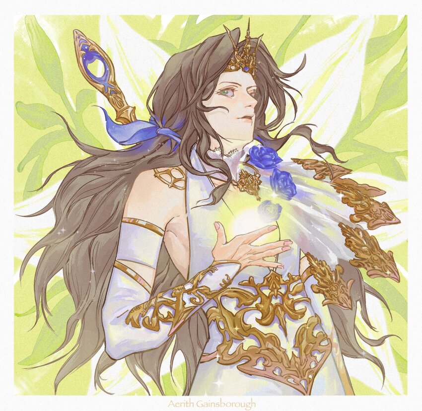 1girl, \||/, aerith_gainsborough, aerith_gainsborough_(prism_dress), arashishadow15, blue_flower, blue_ribbon, blue_rose, border, breasts, brown_hair, character_name, choker, detached_sleeves, dress, dress_flower, final_fantasy, final_fantasy_vii, final_fantasy_vii:_ever_crisis, floral_background, flower, gold_trim, green_eyes, hair_flower, hair_ornament, hair_ribbon, highres, holding, holding_staff, long_hair, low_ponytail, medium_breasts, official_alternate_costume, parted_bangs, parted_lips, plunging_neckline, ponytail, ribbon, rose, sidelocks, single_bare_shoulder, sleeveless, sleeveless_dress, solo, staff, tiara, white_border, white_choker, white_dress, white_sleeves