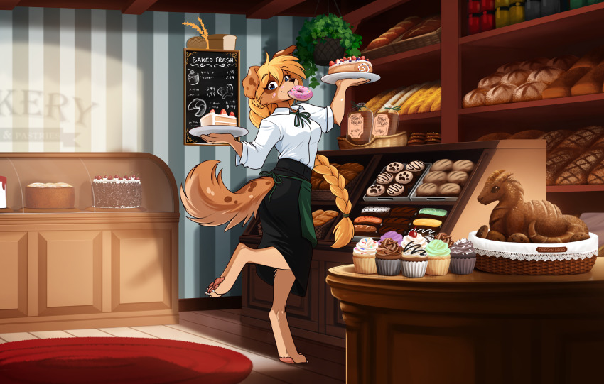 1girl, :3, animal-themed_food, animal_ears, animal_feet, apron, bakery, blonde_hair