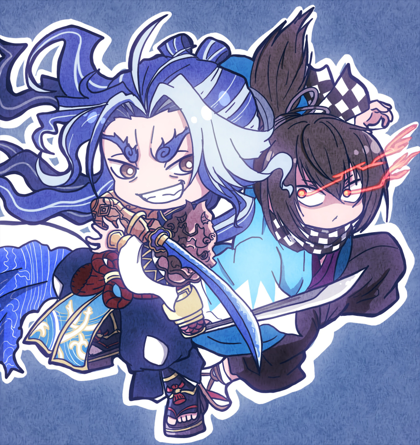 2boys, armor, black_hair, black_hakama, black_scarf, blue_hair, blue_haori, blue_kimono