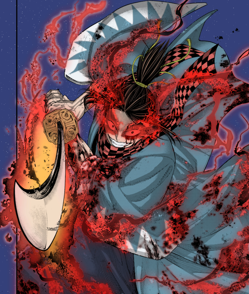 1boy, black_hair, black_hakama, black_scarf, blue_background, blue_haori, checkered_clothes, checkered_scarf