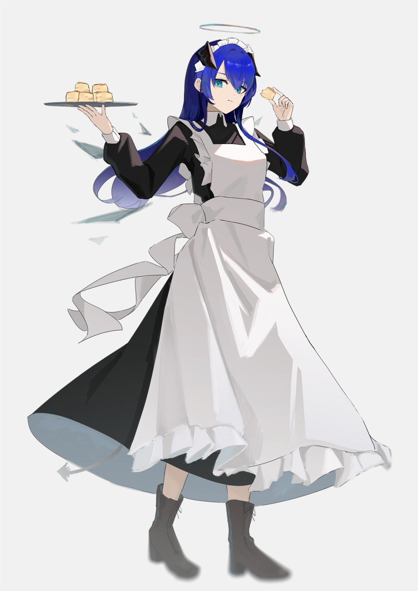 1girl, alternate_costume, ankle_boots, apron, arknights, arms_up, black_dress, black_horns