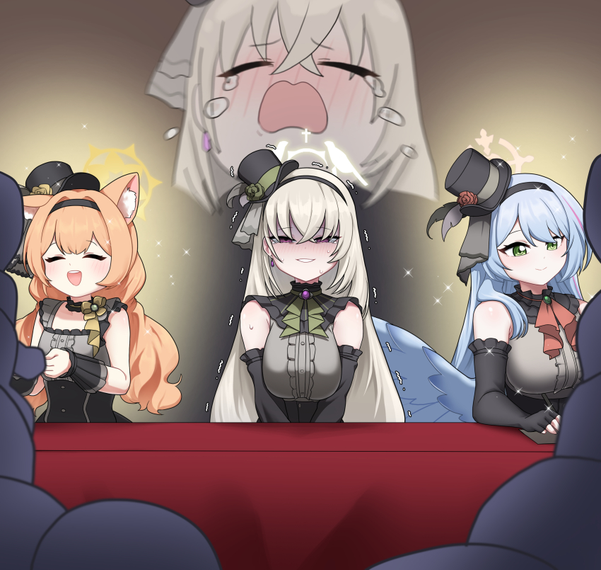 3girls, ^_^, absurdres, animal_ears, black_gloves, black_hairband, black_hat, black_skirt