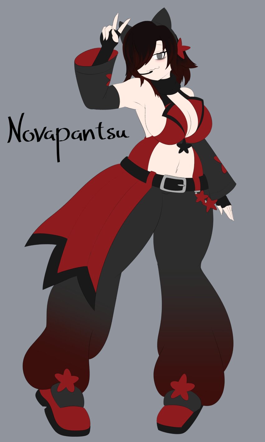 1girl, absurdres, arm_up, artist_name, black_hair, breasts, cleavage, full_body, grey_background, grey_eyes, hair_over_one_eye, half-closed_eye, highres, large_breasts, legs, looking_at_viewer, midriff, navel, novapantsu, pants, ruby_rose, rwby, sideboob, simple_background, smile, solo, thighs, v