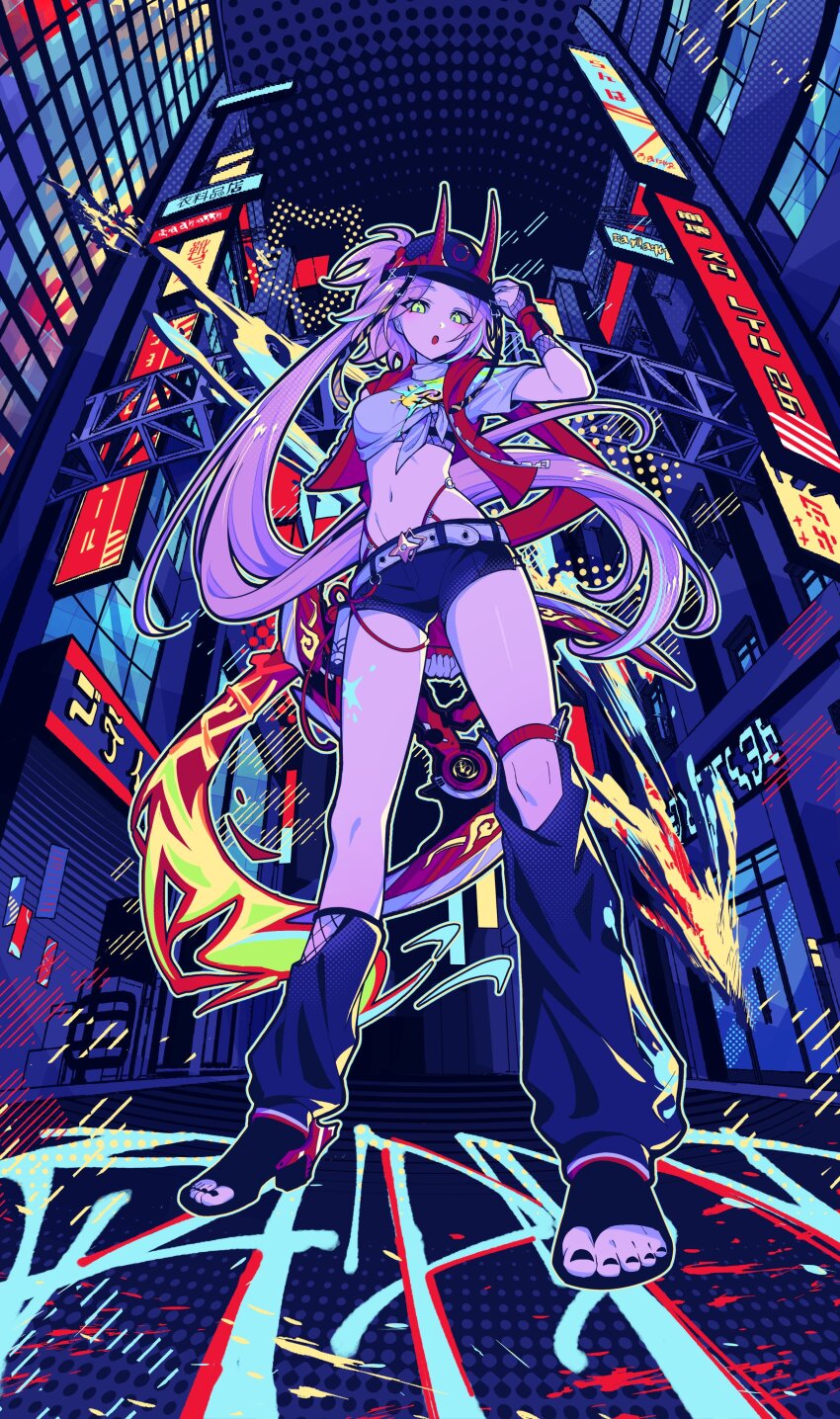 1girl, absurdres, arm_up, belt, black_hat, black_leg_warmers, black_sandals, black_shorts