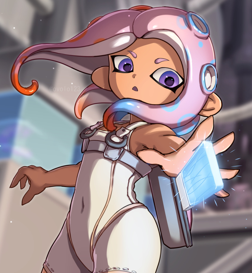 1girl, agent_8_(splatoon), bodysuit, covered_navel, highres, nintendo, octoling_girl, octoling_player_character, open_mouth, outstretched_arm, outstretched_hand, ovolo123, pink_eyes, pink_hair, short_hair, short_shorts, shorts, skin_tight, sleeveless, sleeveless_bodysuit, solo, splatoon_(series), splatoon_3, splatoon_3:_side_order, suction_cups, tentacle_hair, white_bodysuit, white_shorts