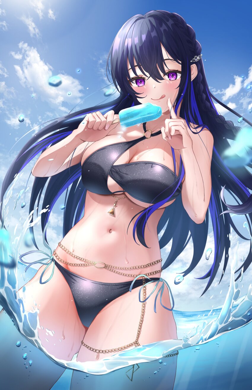 1girl, :q, absurdres, asymmetrical_bikini, bead_belt, belly_chain, belt, bikini