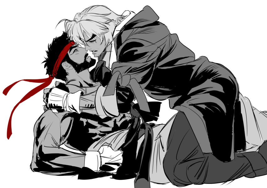 2boys, abs, arm_support, beard, clenched_hand, coat, collarbone, commentary