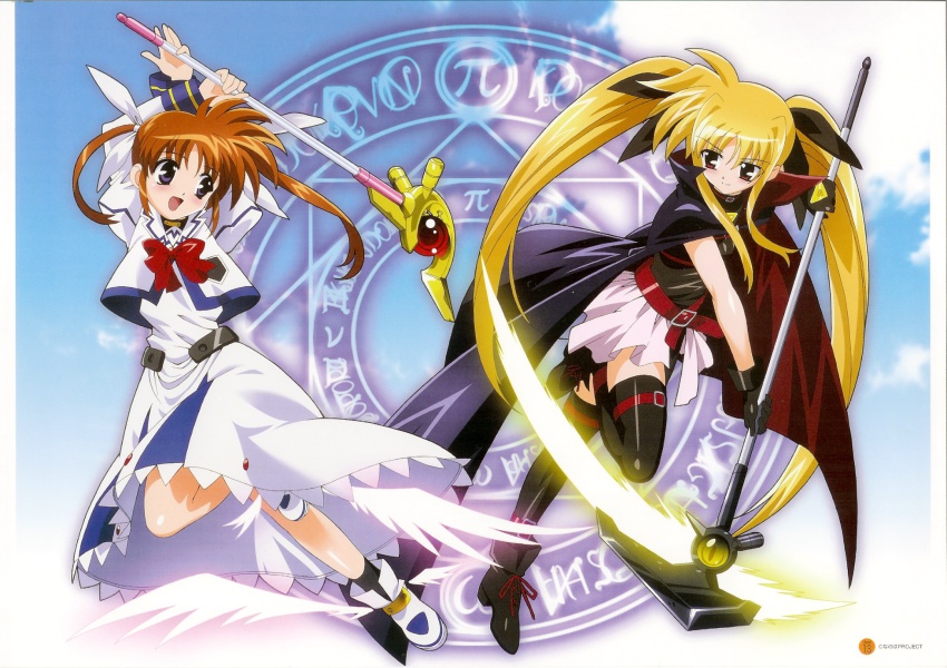 00s, 2girls, bardiche_(nanoha), bardiche_(scythe_form)_(nanoha), belt, blonde_hair, bow, brown_eyes