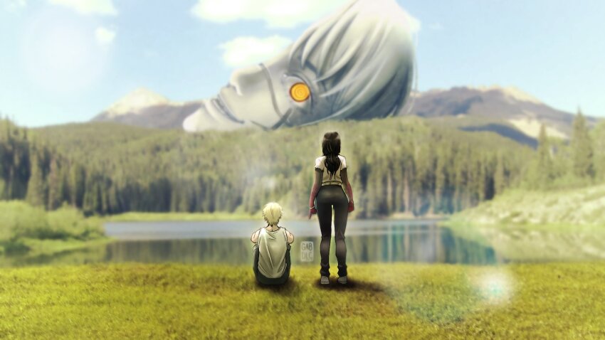 1boy, 1girl, ass, black_hair, black_pants, blonde_hair, blue_sky, chainsaw_man