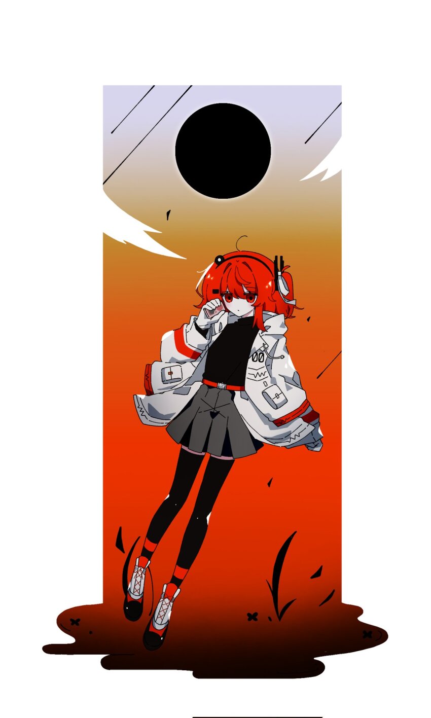 1girl, a.i._voice, adachi_rei, belt, black_shirt, black_thighhighs, border, closed_mouth