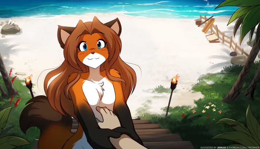 1boy, 1girl, :3, animal_ears, beach, blue_eyes, commentary, english_commentary, fence, flat_chest, fox_ears, fox_girl, fox_tail, furry, furry_female, furry_male, furry_with_furry, grabbing_another's_arm, hetero, highres, keith_keiser, laura_(twokinds), long_hair, looking_at_viewer, nude, ocean, official_art, orange_hair, out_of_frame, outdoors, palm_tree, petite, pov, sand, smile, solo_focus, tail, tom_fischbach, torch, tree, twokinds, water, watermark