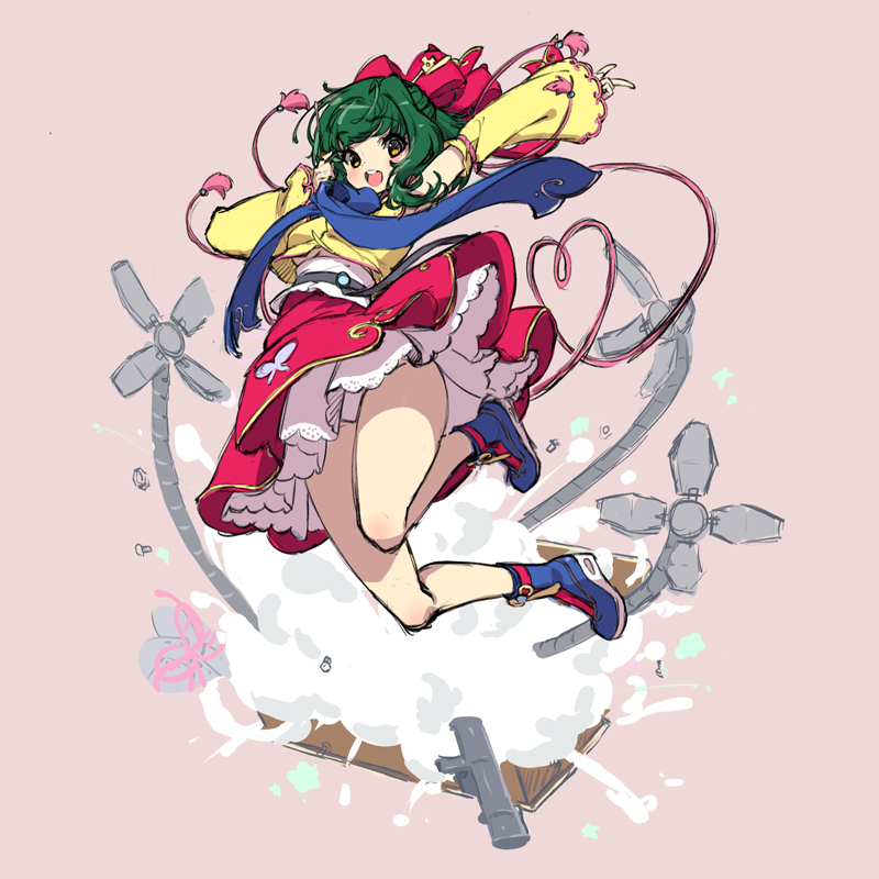 1girl, aki_(aki_mechdoll), animal_print, ankle_boots, arm_over_head, astral_stairways, bare_legs, beads, bilingual_commentary, binyeo, bistro_cupid, bistro_cupid!!_max, bistro_cupid_(series), blue_boots, blue_ribbon, blush, boots, breasts, butterfly_print, camomilla_iri, chinese_commentary, clenched_hand, commentary, detached_sleeves, english_commentary, explosion, extra_arms, flat_color, full_body, goreum, gradient_background, green_hair, hair_ornament, hair_ribbon, hairpin, half_updo, hanbok, happy, heart, jeogori_(clothes), knee_blush, korean_clothes, lace-trimmed_petticoat, lace-trimmed_sleeves, lace_trim, long_sleeves, looking_at_viewer, mechanical_arms, medium_breasts, medium_hair, miniskirt, mixed-language_commentary, no_socks, nut_(hardware), obi, obijime, official_art, open_mouth, panties, petticoat, pink_background, pink_ribbon, print_skirt, production_art, red_ribbon, red_skirt, ribbon, rocket_launcher, sash, screw, simple_background, single_hair_intake, sketch, skirt, sleeveless_hanbok, sleeves_past_wrists, solo, tassel, teeth, tongue, translation_request, underboob, underwear, unfinished, upper_teeth_only, weapon, white_panties, white_sash, wide_sleeves, yellow_eyes, yellow_jeogori, yellow_sleeves