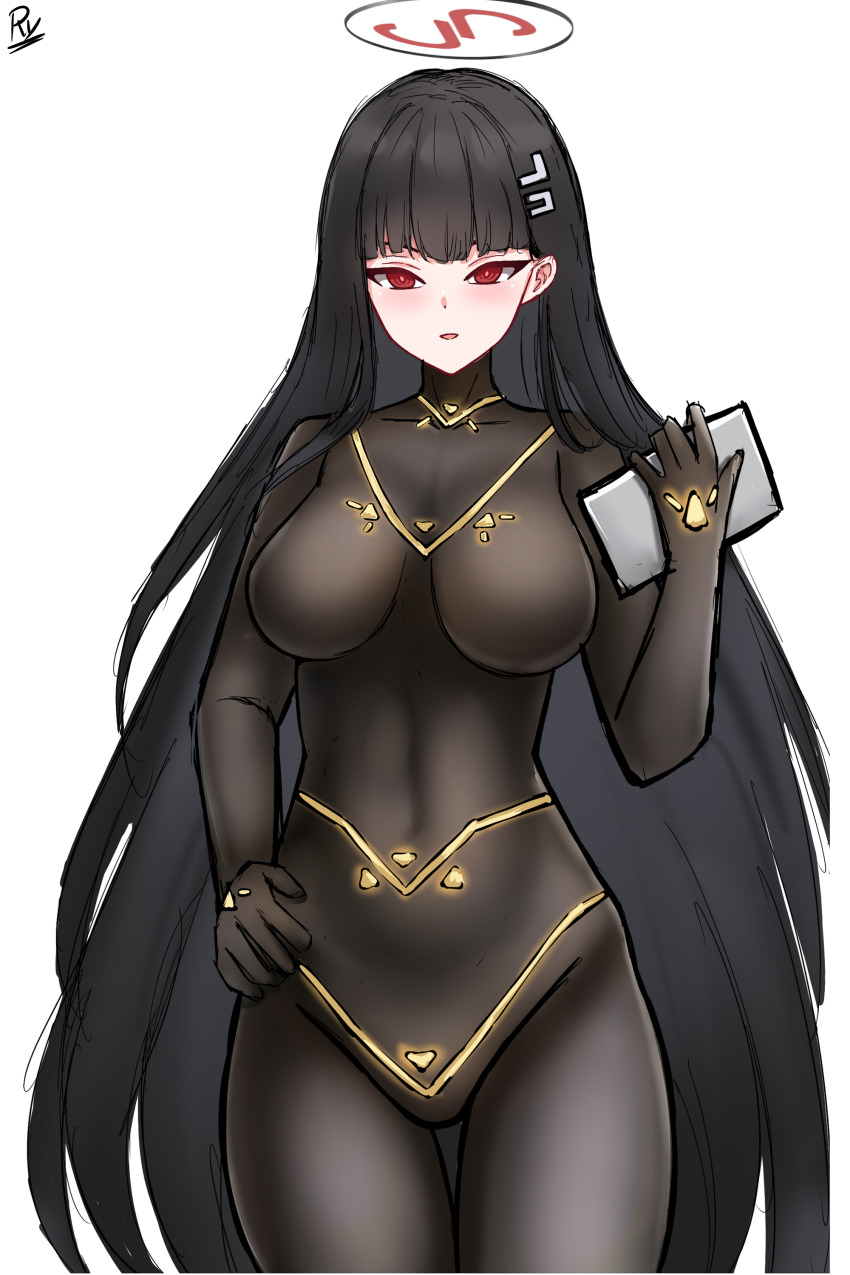 1girl, absurdres, black_bodysuit, black_hair, blue_archive, bodysuit, breasts, covered_groin