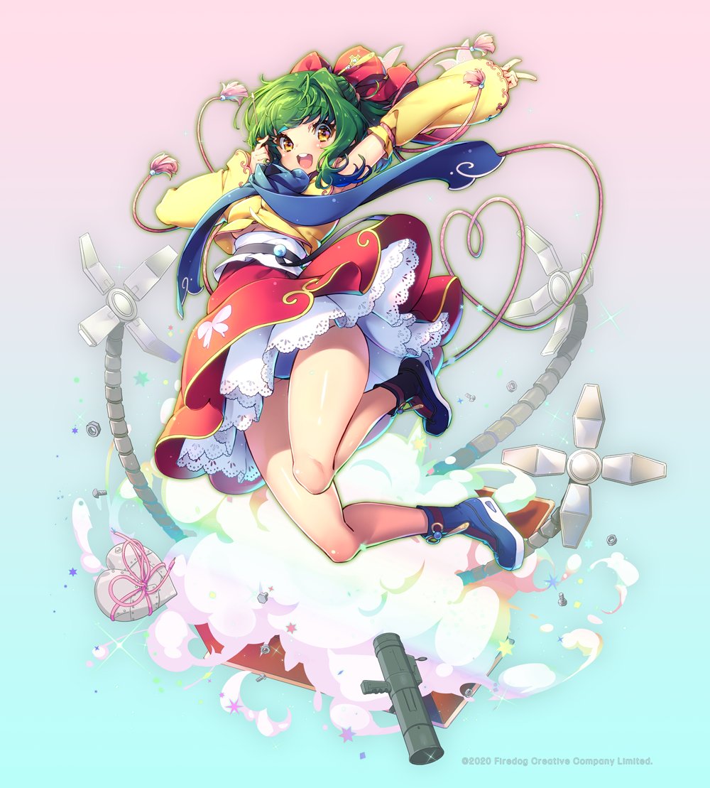 1girl, 2020, aki_(aki_mechdoll), animal_print, ankle_boots, aqua_background, aqua_panties, armpits, astral_stairways, bare_legs, beads, bilingual_commentary, binyeo, bistro_cupid, bistro_cupid!!_max, bistro_cupid_(series), blue_boots, blue_ribbon, boots, breasts, butterfly_print, camomilla_iri, chinese_commentary, commentary, company_name, copyright_notice, dated, detached_sleeves, english_commentary, english_text, explosion, extra_arms, full_body, goreum, gradient_background, green_hair, hair_ornament, hair_ribbon, hairpin, half_updo, hanbok, happy, heart, hexagram, jeogori_(clothes), korean_clothes, lace-trimmed_petticoat, lace-trimmed_sleeves, lace_trim, light_particles, long_sleeves, looking_at_viewer, mechanical_arms, medium_breasts, medium_hair, miniskirt, mixed-language_commentary, no_socks, nut_(hardware), obi, obijime, official_art, open_mouth, panties, petticoat, pink_background, pink_ribbon, print_skirt, red_ribbon, red_skirt, ribbon, rocket_launcher, sash, screw, simple_background, single_hair_intake, skirt, sleeveless_hanbok, sleeves_past_wrists, solo, star_(symbol), tassel, teeth, tongue, underboob, underwear, upper_teeth_only, weapon, white_sash, wide_sleeves, yellow_eyes, yellow_jeogori, yellow_sleeves