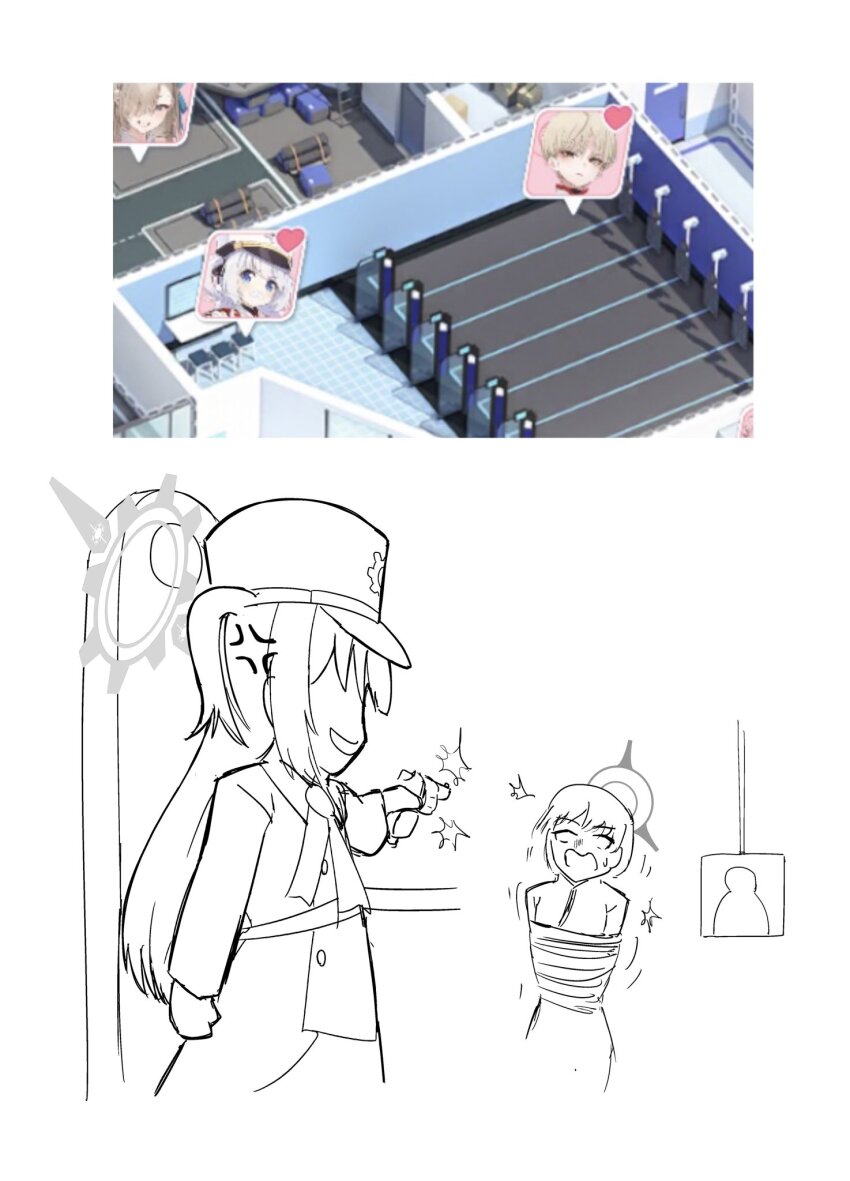 2girls, blonde_hair, blue_archive, blue_eyes, cherino_(blue_archive), commentary_request, cropped_legs, game_screenshot