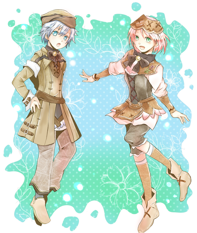 1boy, 1girl, aqua_background, aqua_eyes, azel_(rune_factory), belt, green_eyes, harvest_moon