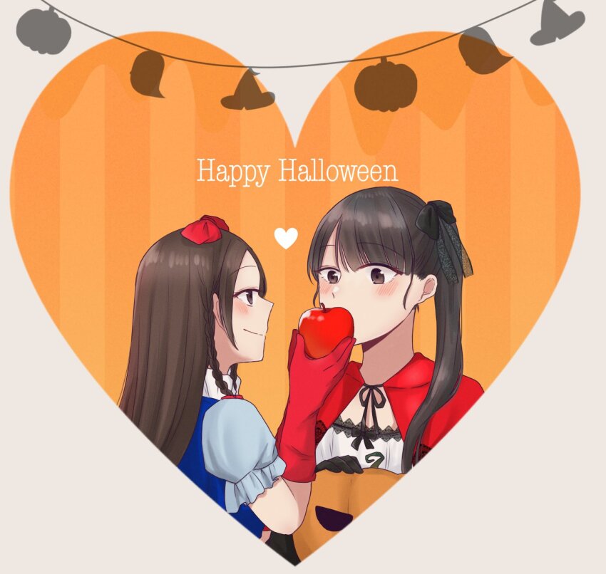 2girls, apple, assault_lily, black_bow, black_gloves, black_ribbon, blue_shirt, blush