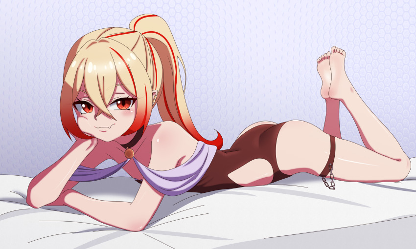 1girl, absurdres, ass, blonde_hair, choker, ear_piercing, fang, feet