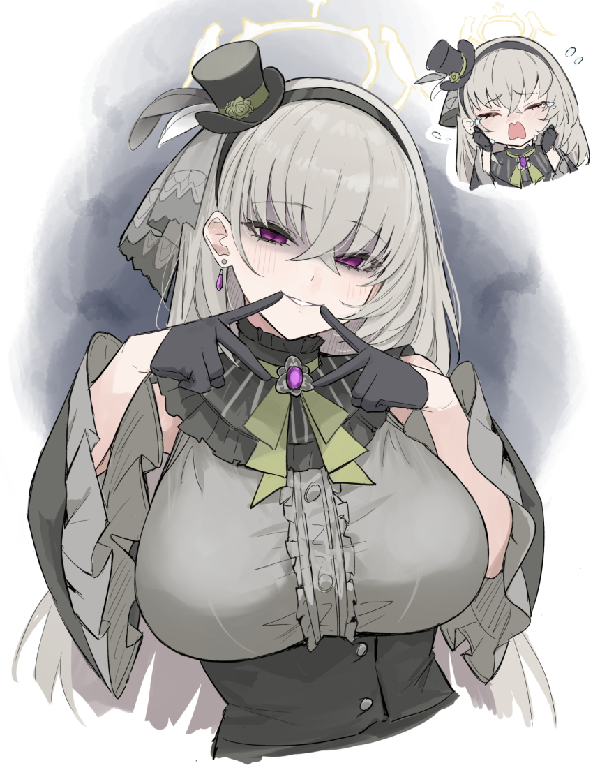 1girl, aura, black_gloves, black_hairband, black_hat, blue_archive, breasts, center_frills, commentary, cropped_torso, dark_aura, double_v, earrings, flying_sweatdrops, frills, gloves, grey_hair, grey_shirt, hairband, halo, hangetsu15, hat, highres, inner_ego, jewelry, large_breasts, looking_at_viewer, mini_hat, official_alternate_costume, sakurako_(blue_archive), sakurako_(idol)_(blue_archive), shaded_face, shirt, smile, solo, upper_body, v, wide_sleeves