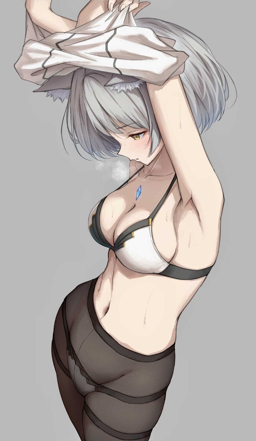 1girl, animal_ear_fluff, animal_ears, armpits, arms_up, bra, breasts, breath