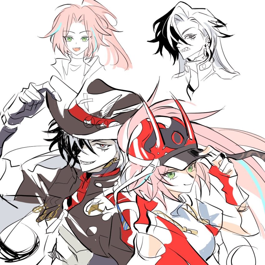 baseball_cap, behind_another, boothill_(honkai:_star_rail), clenched_teeth, closed_mouth, cowboy_hat, fake_horns, fingerless_gloves