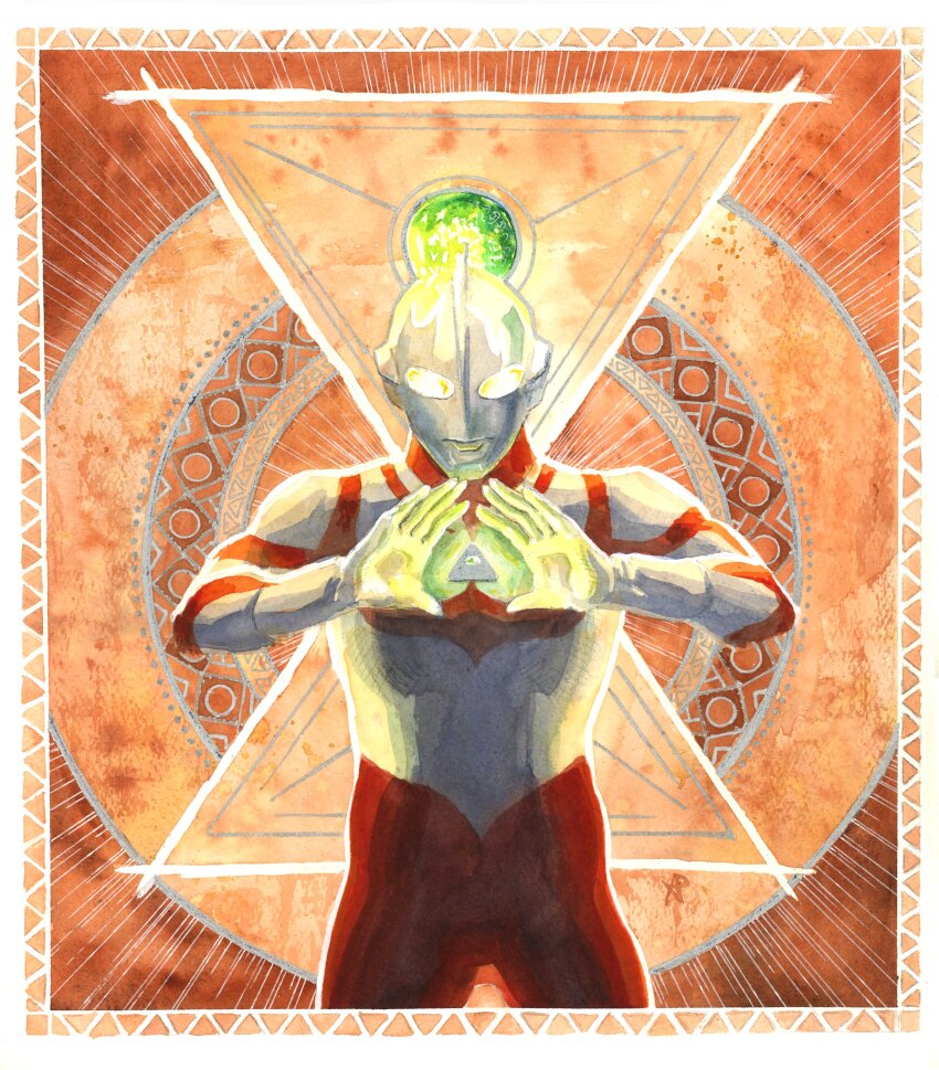 1boy, absurdres, alien, border, color_timer, colored_skin, commentary, cowboy_shot, cupping_hands, english_commentary, facing_viewer, gem, green_gem, green_highlights, highres, klenda_v, looking_down, male_focus, multicolored_background, multicolored_skin, no_pupils, orange_background, orange_border, own_hands_together, painting_(medium), red_skin, serious, silver_skin, solo, tokusatsu, traditional_media, ultra_series, ultraman:_towards_the_future, ultraman_great, watercolor_(medium), yellow_eyes