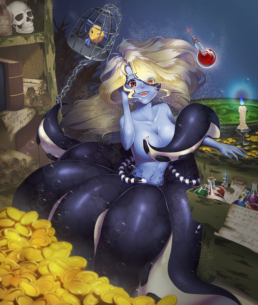 1girl, aged_down, air_bubble, alternate_form, arm_up, armpit_crease, bare_shoulders, black_eyes, black_skirt, blonde_hair, blood, blue_fire, blue_sky, blurry, blurry_foreground, bookshelf, box, breasts, brown_eyes, bubble, cage, candle, cauldron, censored, chain, cleavage, coin, colored_skin, commentary_request, completely_nude, convenient_censoring, corked_bottle, covering_nipples, covering_privates, eel, fangs, fins, fire, fish, flounder_(the_little_mermaid), full_body, gold_coin, long_hair, looking_at_viewer, magic, monster_girl, multicolored_skin, navel, nude, p.p_(operson_nangko), parted_lips, potion, scroll, scylla, seaweed, signature, skirt, skull, sky, smile, solo, stomach, striped_skin, suction_cups, convenient_tentacle, tentacles, the_little_mermaid_(disney), ursula_(disney), worried, yellow_skin