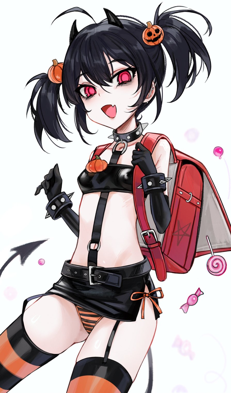 1girl, ahoge, backpack, bag, bags_under_eyes, barbell_piercing, belt, black_belt