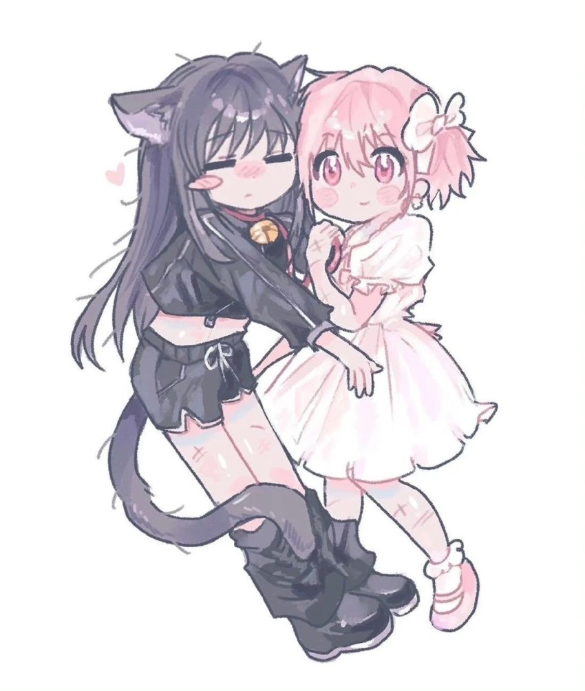 2girls, akemi_homura, alternate_costume, animal_collar, animal_ear_fluff, animal_ears, bare_arms, bell