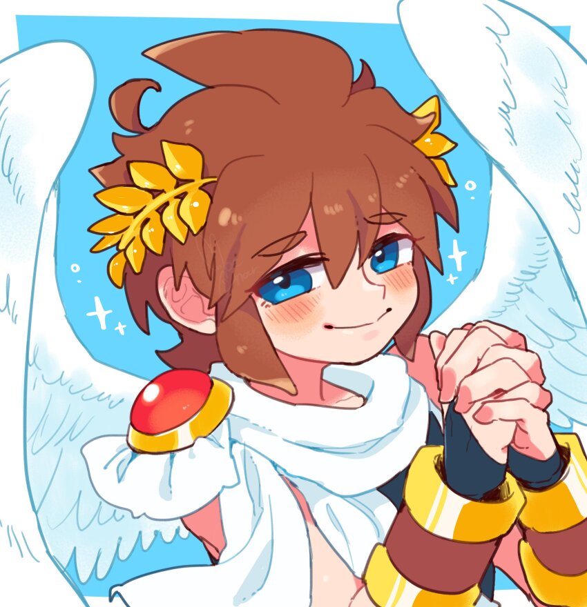 1boy, :>, absurdres, ahoge, androgynous, angel, angel_wings, blue_background, blue_eyes, blush, bracer, closed_mouth, feathered_wings, fingerless_gloves, gloves, hair_between_eyes, highres, kid_icarus, kid_icarus_uprising, laurel_crown, male_focus, moechar0426, nintendo, own_hands_clasped, own_hands_together, pit_(kid_icarus), scarf, short_hair, sidelocks, smile, sparkle, spiked_hair, thick_eyelashes, white_scarf, white_wings, wings