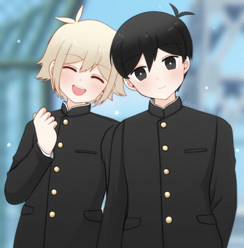 2boys, alternate_costume, basil_(faraway)_(omori), basil_(omori), black_eyes, black_hair, blonde_hair, blurry, blurry_background, blush, bright_pupils, closed_eyes, closed_mouth, highres, hisaho, long_hair, male_focus, multiple_boys, omori, open_mouth, school_uniform, short_hair, smile, sunny_(omori), teeth, upper_teeth_only, white_pupils