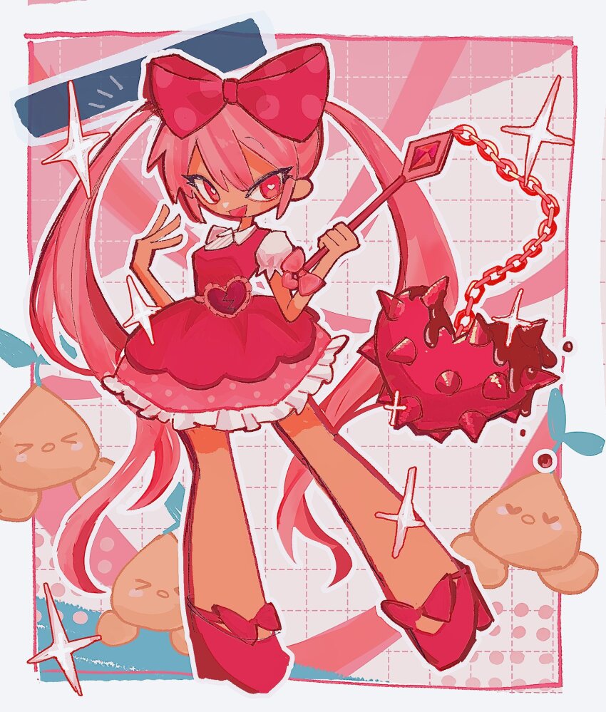 1girl, bow, cute_weapon, dark-skinned_female, dark_skin, dress, flail, hair_bow