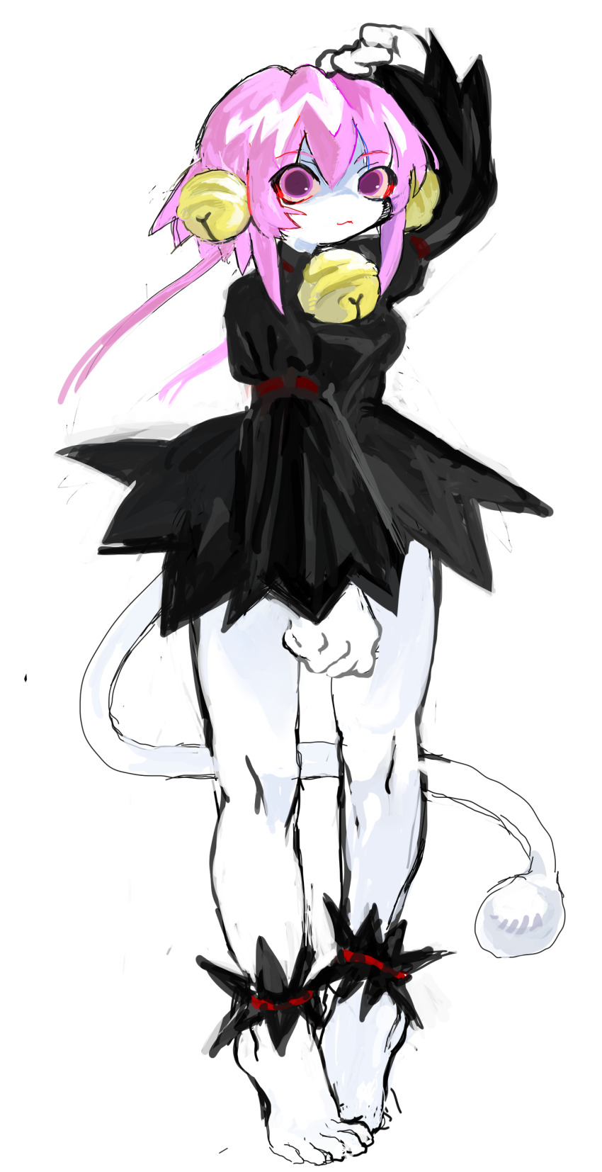 1girl, 8eyes, absurdres, anklet, barefoot, bell, bloodshot_eyes, colored_skin