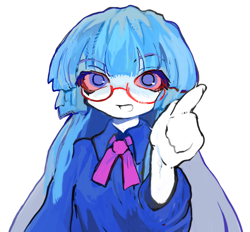 1girl, 8eyes, bloodshot_eyes, blue_eyes, blue_hair, bluegirl_(8eyes), blunt_bangs, blunt_ends, colored_skin, glasses, open_mouth, rgb_paw, smile, solo, transparent_background, white_skin, yogurt200