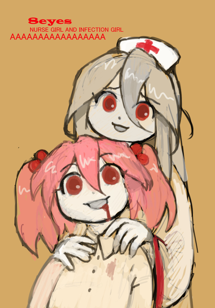 2girls, 8eyes, blood, blood_from_mouth, character_name, colored_skin, grey_hair, hair_bobbles, hair_ornament, hat, infectiongirl_(8eyes), multiple_girls, nurse, nurse_cap, nursegirl_(8eyes), pink_hair, red_eyes, rgb_paw, shirt, smile, title, twintails, white_skin, yogurt200