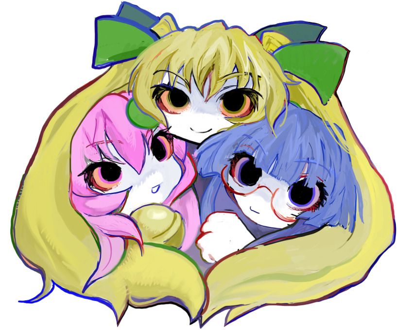 3girls, 8eyes, bell, blonde_hair, bloodshot_eyes, blue_eyes, blue_hair, bluegirl_(8eyes)