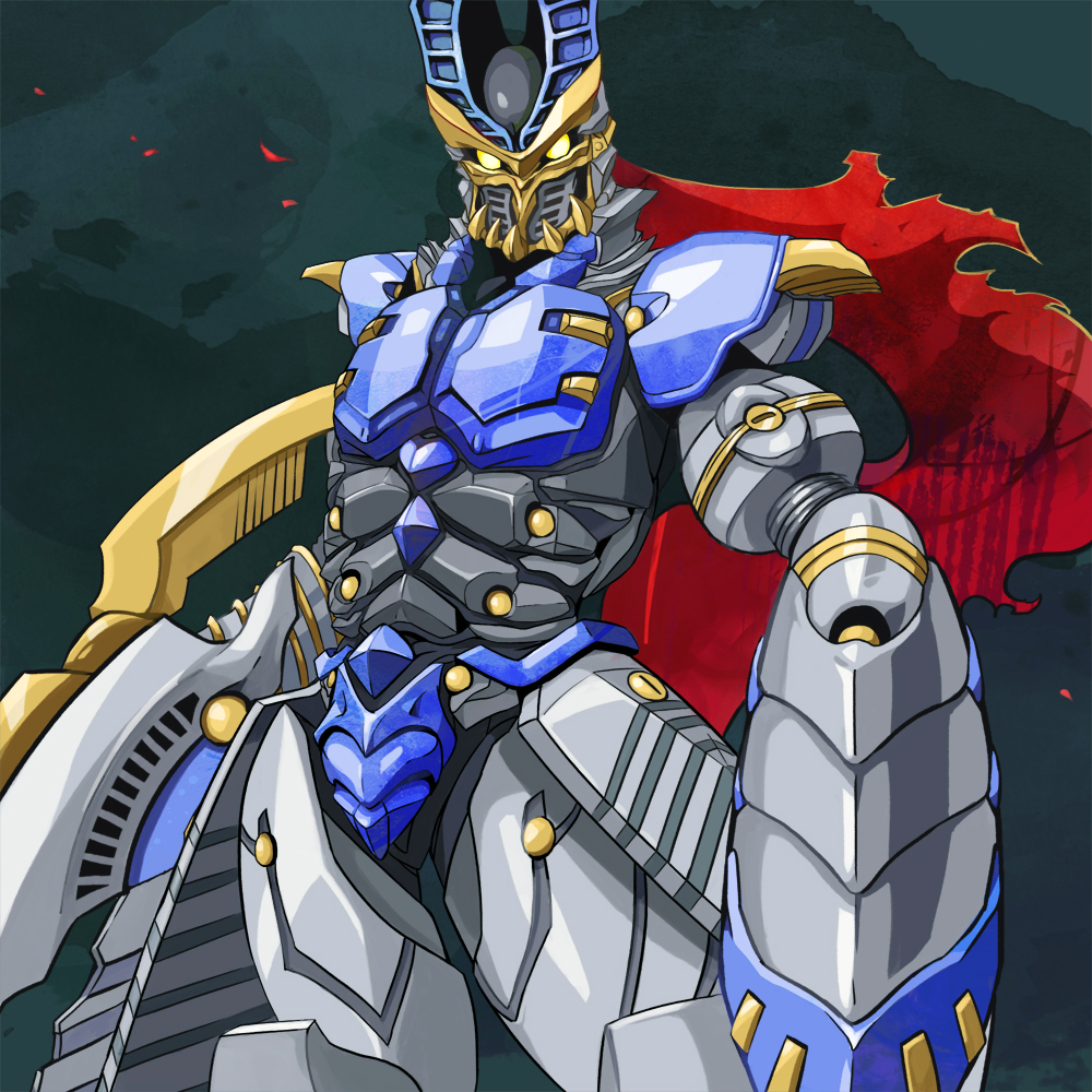 1boy, alien, armor, armored_gloves, baltan_battler_barel, baltan_seijin, blue_armor, cape, claws, commentary_request, cowboy_shot, cropped_head, green_background, grey_armor, looking_at_viewer, no_pupils, red_cape, solo, tokusatsu, torn_cape, torn_clothes, ultra_galaxy_(series), ultra_galaxy_mega_dai-kaijuu_battle, ultra_series, uninori, yellow_eyes