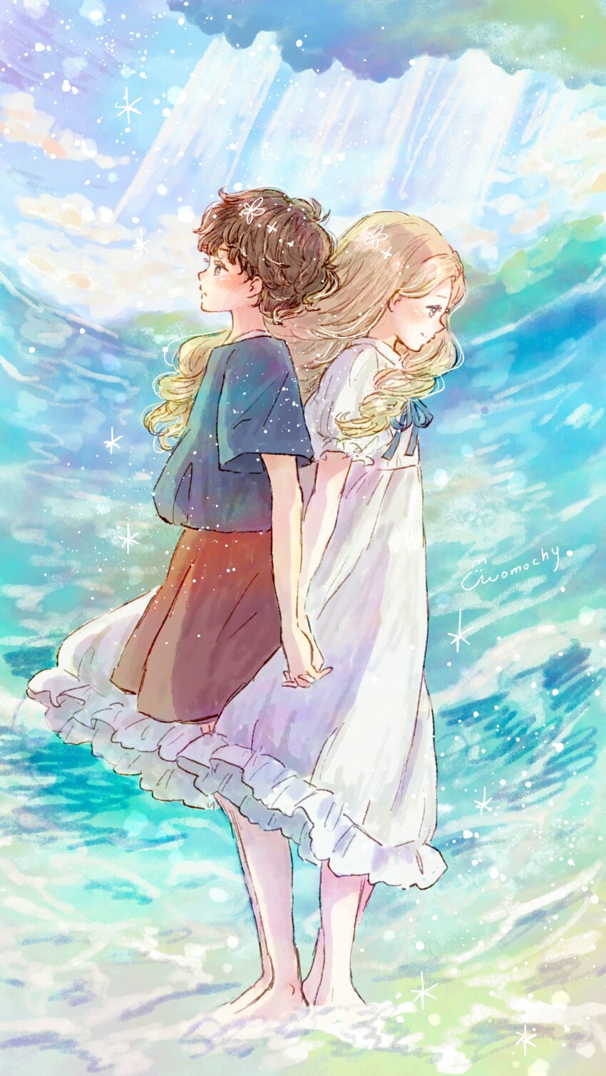 2girls, absurdres, anna_(omoide_no_marnie), back-to-back, blonde_hair, blue_ribbon, blue_shirt, brown_hair