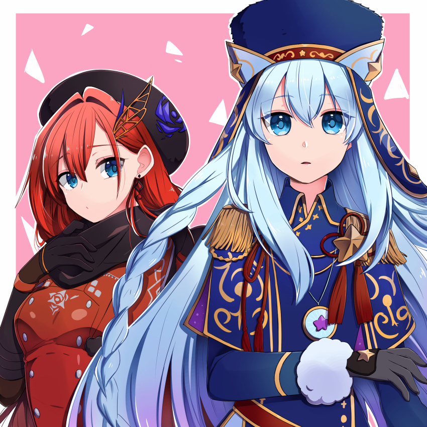 beret, black_gloves, black_scarf, blue_eyes, braid, epaulettes, floral_print, flower