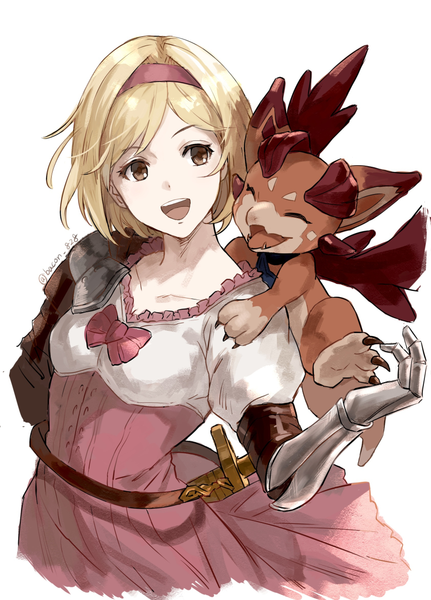1boy, 1girl, bacon_828, blonde_hair, breasts, brown_eyes, djeeta_(granblue_fantasy), dragon, dress, gauntlets, gloves, granblue_fantasy, hair_ornament, hairband, highres, medium_breasts, open_mouth, pink_dress, pink_hairband, short_hair, simple_background, small_dragon, smile, solo, vyrn_(granblue_fantasy), white_background