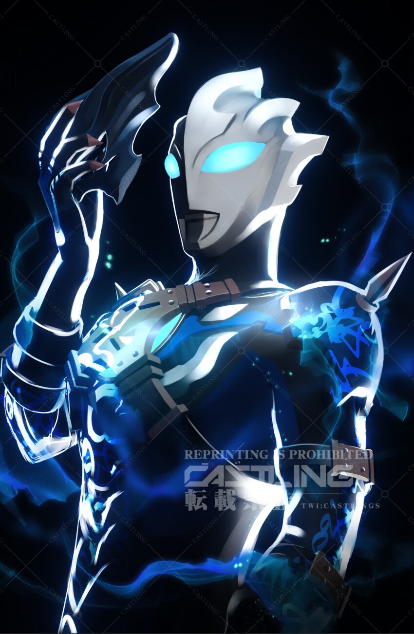 1boy, alien, armor, artist_name, black_armor, black_gloves, blue_armor, blue_eyes