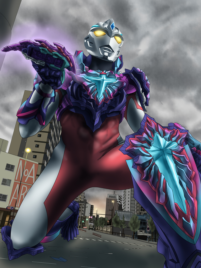 1boy, absurdres, alien, arc_galaxer, armor, black_skin, blue_armor, blue_gem, building, car, cityscape, cloud, cloudy_sky, colored_skin, commentary_request, forehead_jewel, galaxy_armor, gem, highres, holding, holding_shield, holding_weapon, lamppost, looking_ahead, male_focus, motor_vehicle, multicolored_skin, no_pupils, on_one_knee, outdoors, purple_armor, red_skin, road_sign, shield, sign, silver_skin, sky, tokusatsu, ultra_series, ultraman_arc, ultraman_arc_(series), weapon, yellow_eyes, yoshifuto