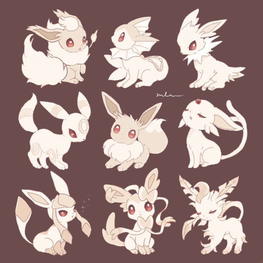 bow, brown_background, closed_eyes, eevee, espeon, fins, flareon, forked_tail