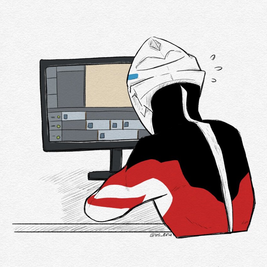 1boy, alien, black_skin, colored_skin, commentary, cropped_torso, english_commentary, flying_sweatdrops, hatching_(texture), highres, ini_eru, male_focus, monitor, multicolored_skin, red_skin, silver_skin, simple_background, solo, table, tokusatsu, twitter_username, ultra_series, ultraman_arc, ultraman_arc_(series), user_interface, video_editing_program, white_background