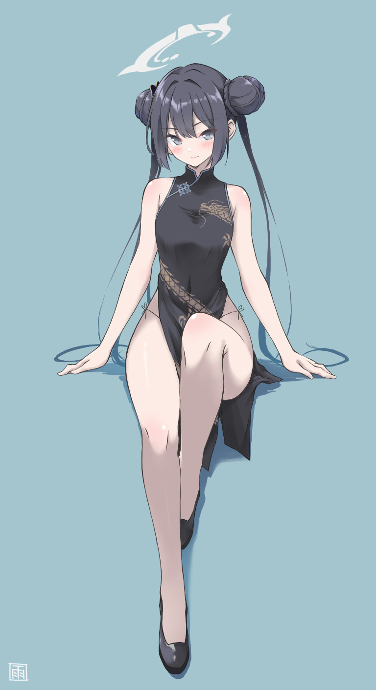 amane_soh, black_dress, black_footwear, blue_archive, blush, braid, braided_bun, breasts