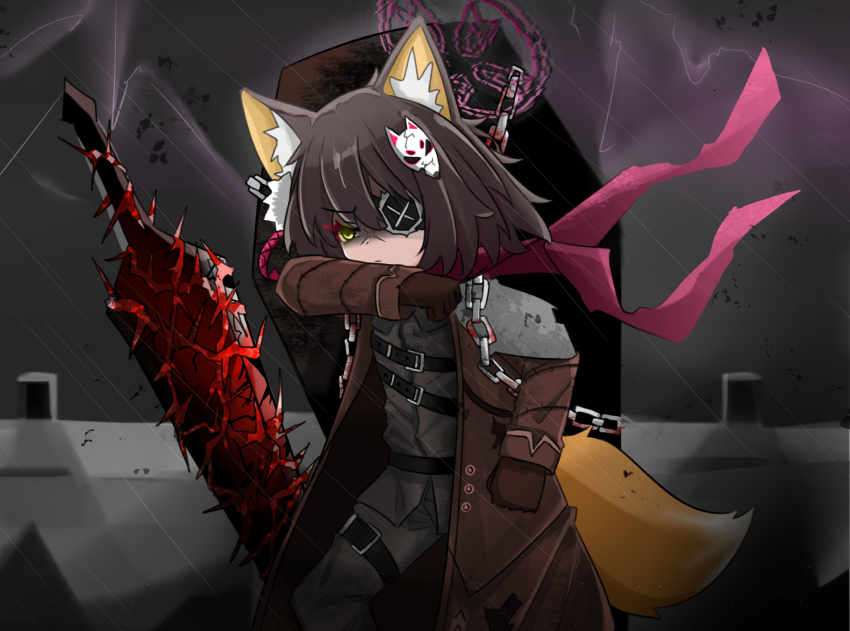 1girl, absurdres, animal_ears, belt, blue_archive, brown_hair, chain, coffin