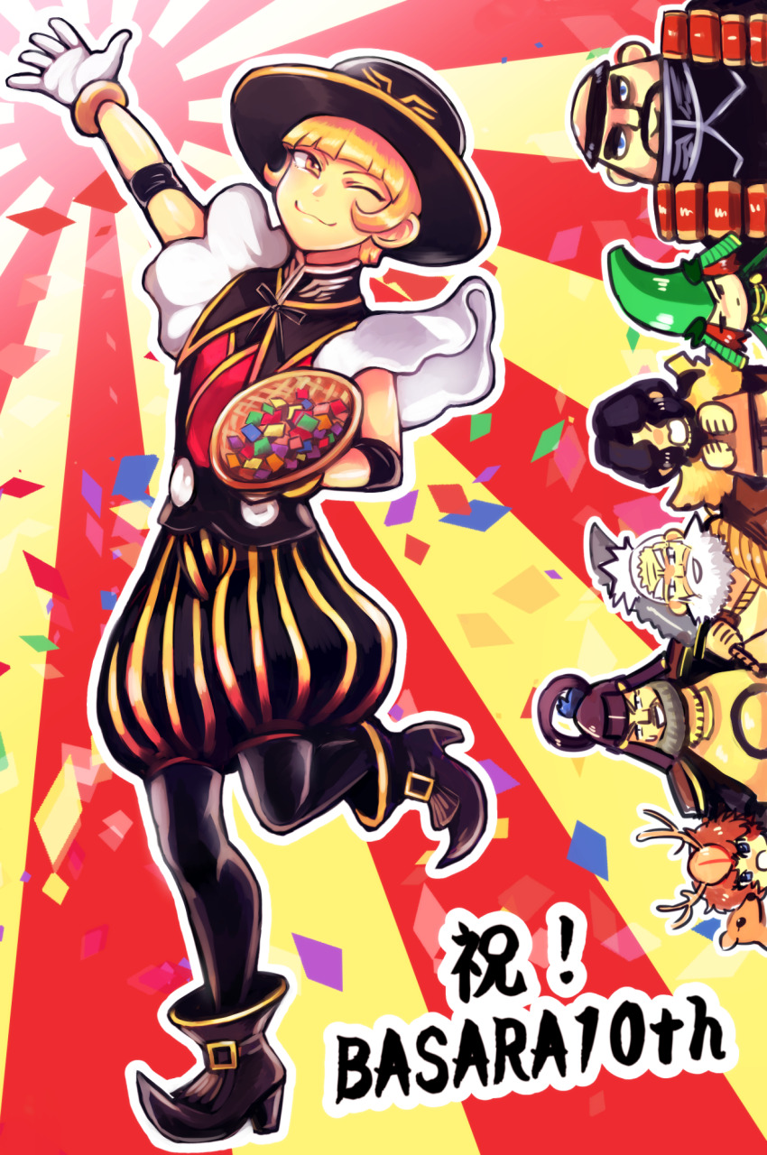 6+boys, :3, :o, anniversary, antlers, arm_up, armor, black_footwear